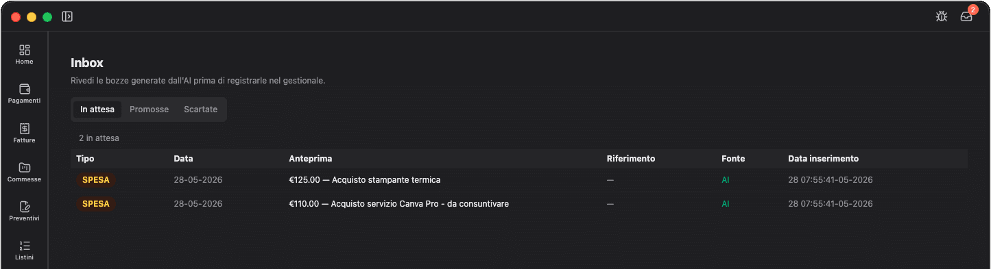 Inbox AI di Berillio — bozza preventivo generata dall'AI per consulenti con P.IVA