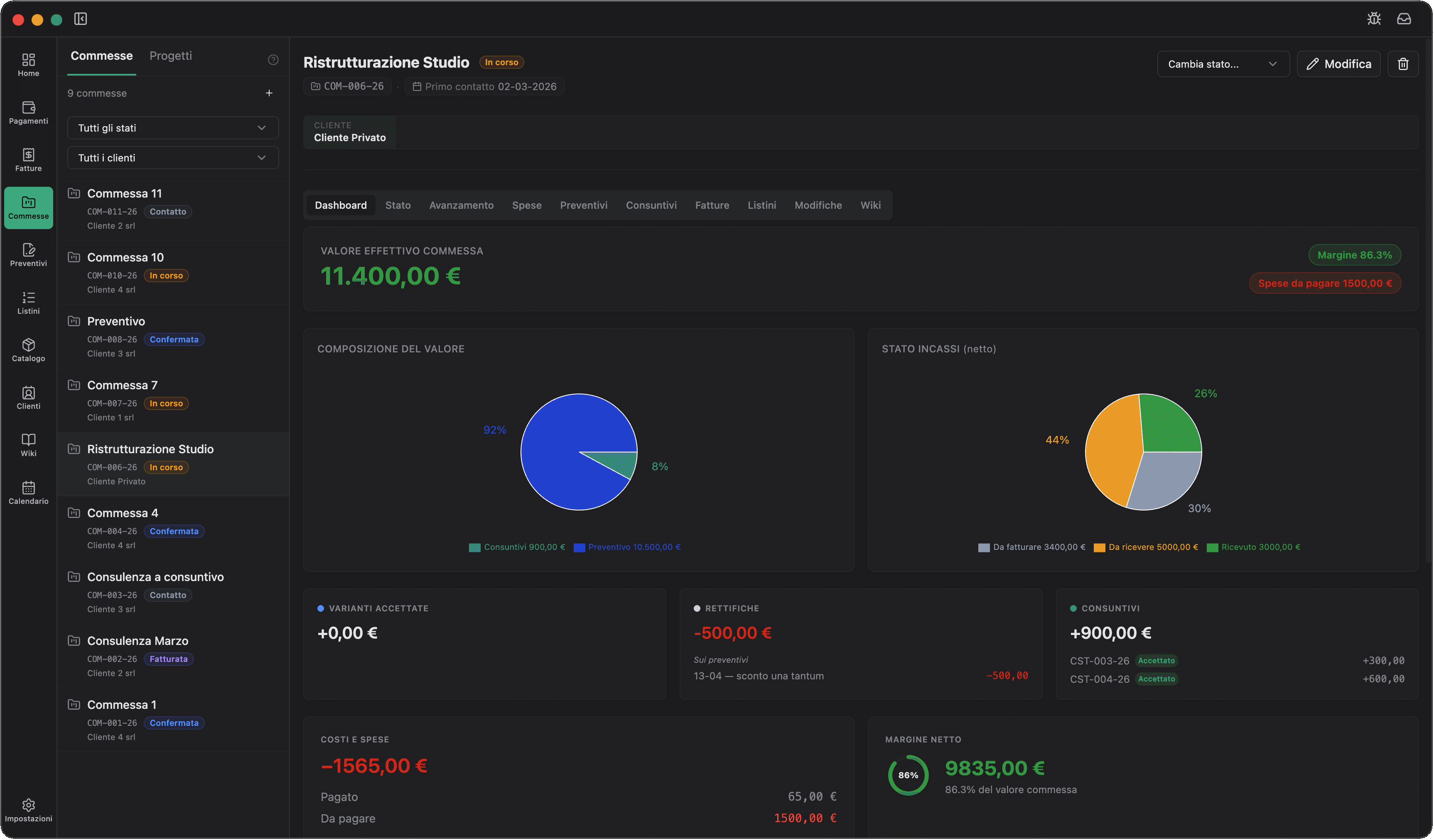 Schermata avanzamento commessa in Berillio — tracciamento ore e spese per freelancer e consulenti con P.IVA